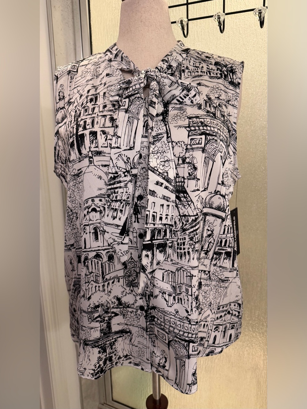 NWT Karl Lagerfeld Paris Sleeveless Tie Neck Blouse Whimsical City Print
XL $39